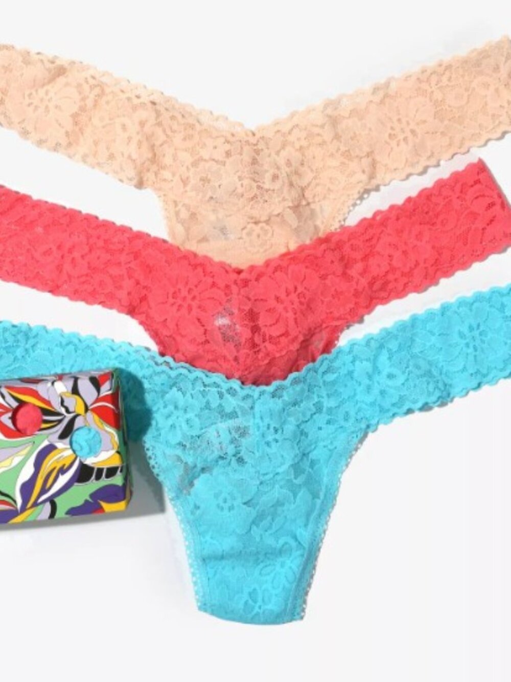 Hanky Panky Lace Low Rise Thong Panties Pink Turquoise Chai 3 Pack One Size $72